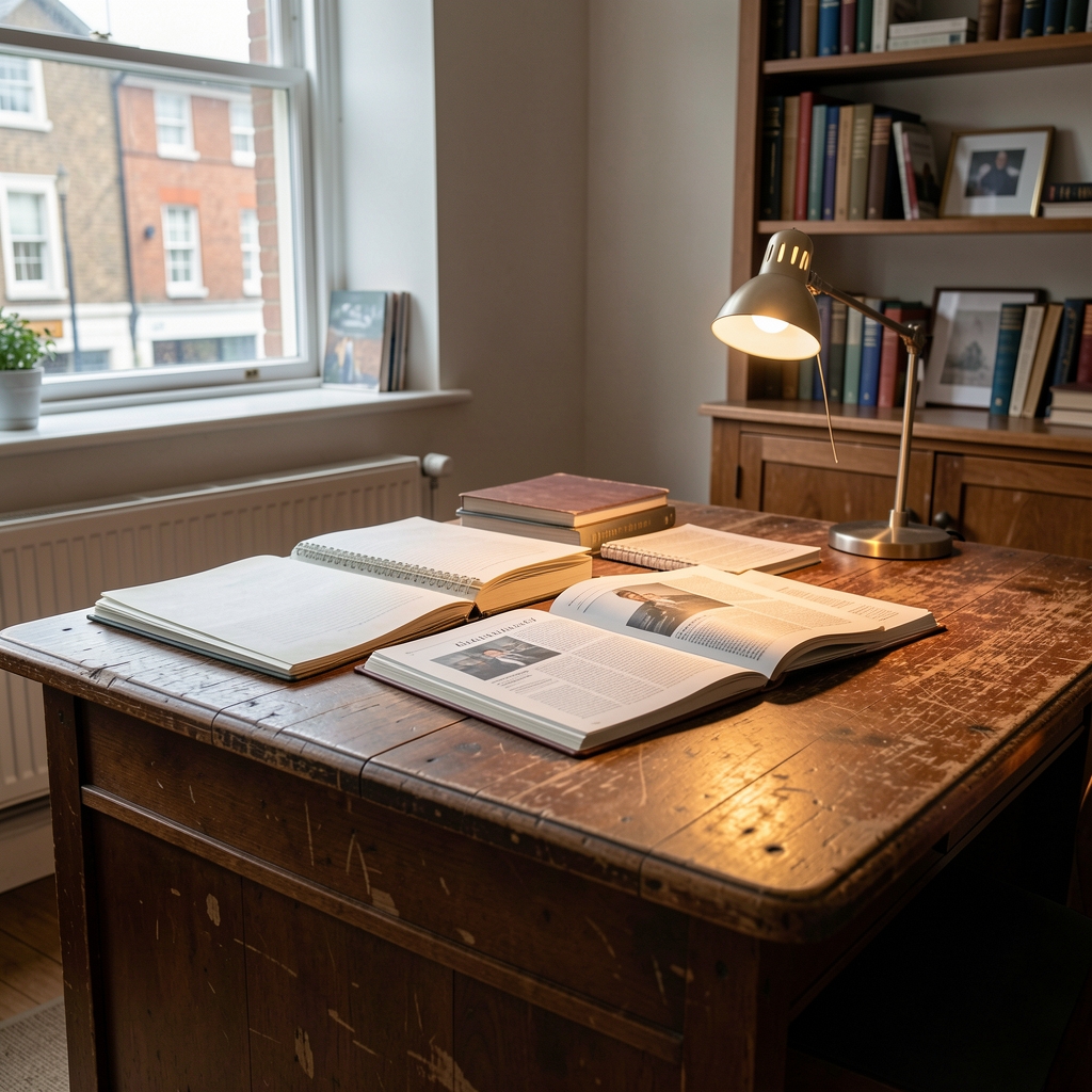 Worn wooden editorial desk with open notebooks, printed articles, and a small lamp casting warm light in a quiet London office