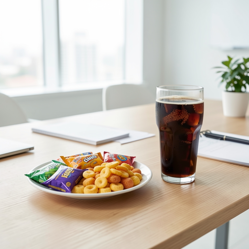 Close-up of a glass of cola next to a colourful plate of processed snack foods on a wooden table