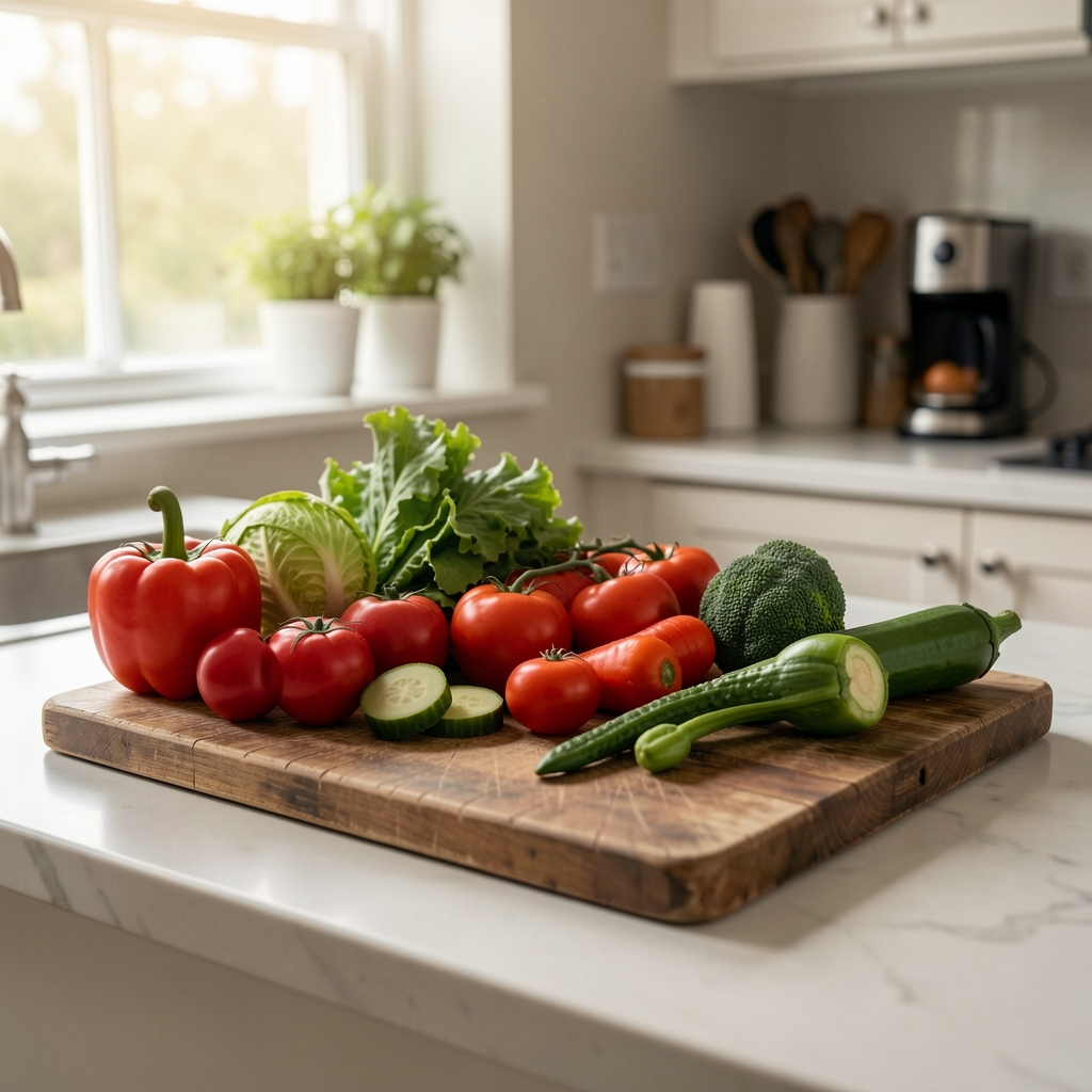 Kitchen counter with fresh whole vegetables, a worn chopping board, and soft morning light through a window