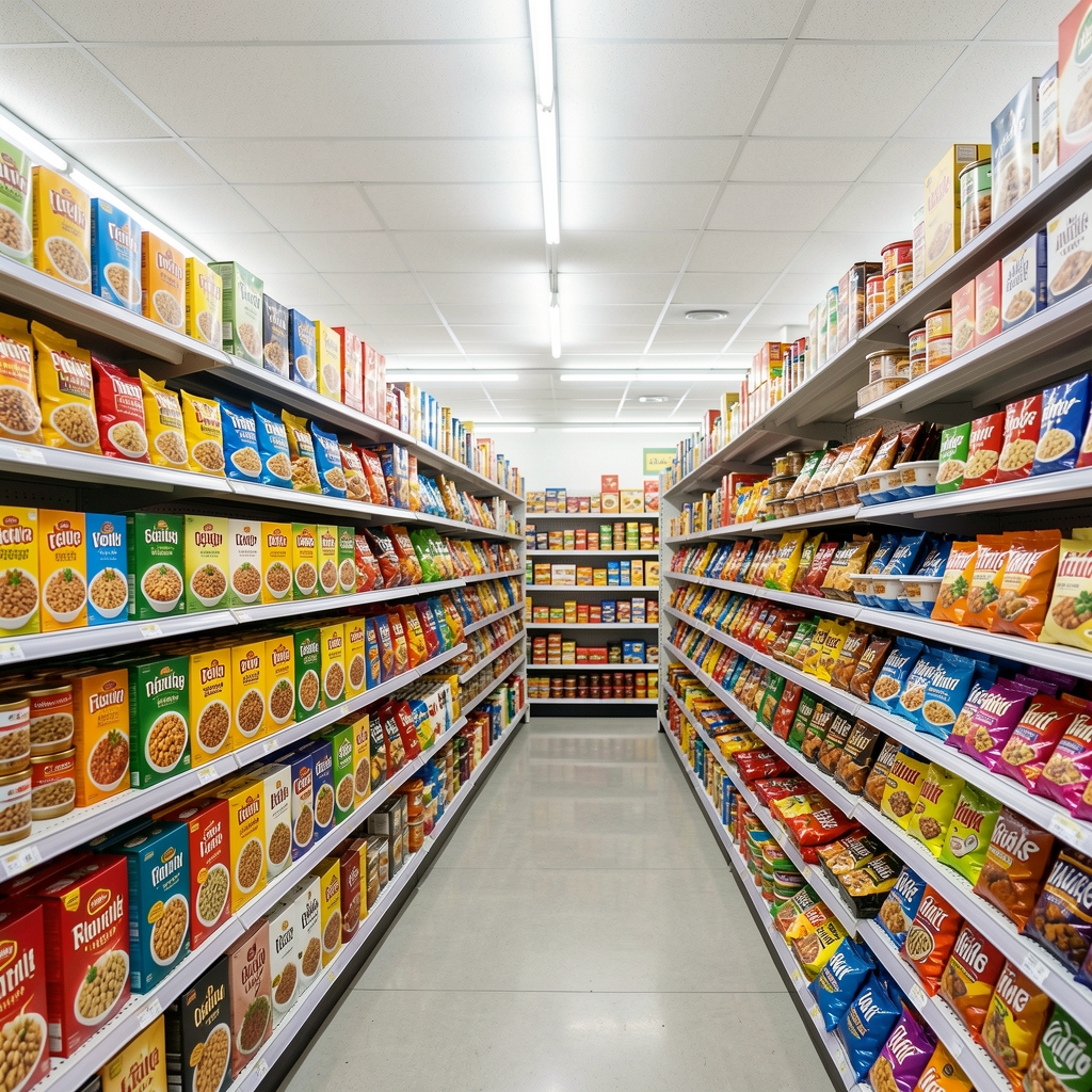 Supermarket aisle with rows of colourfully packaged processed ready meals and snack foods under bright white fluorescent lighting