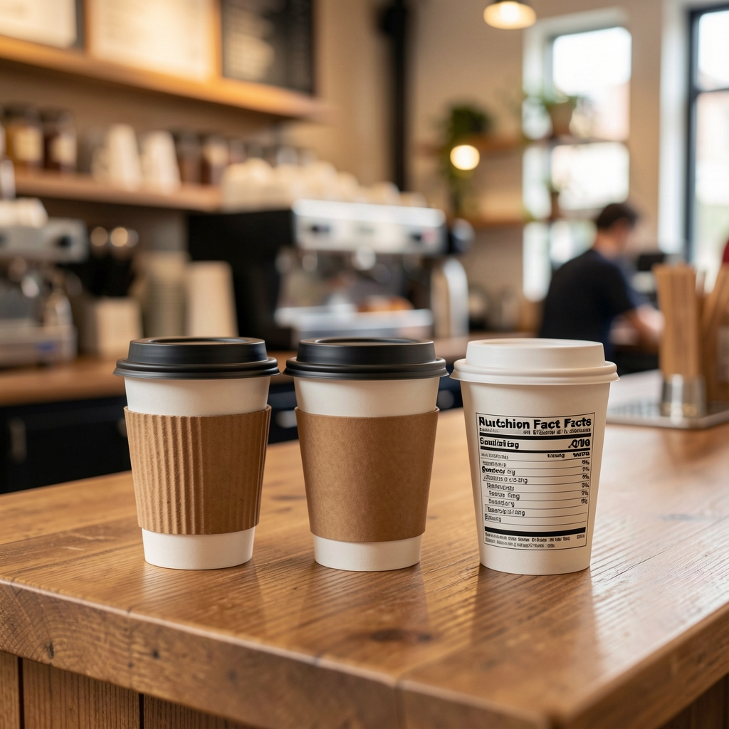 Three different sized coffee cups on a cafe counter with a small printed nutrition label partially visible beside them, warm indoor light