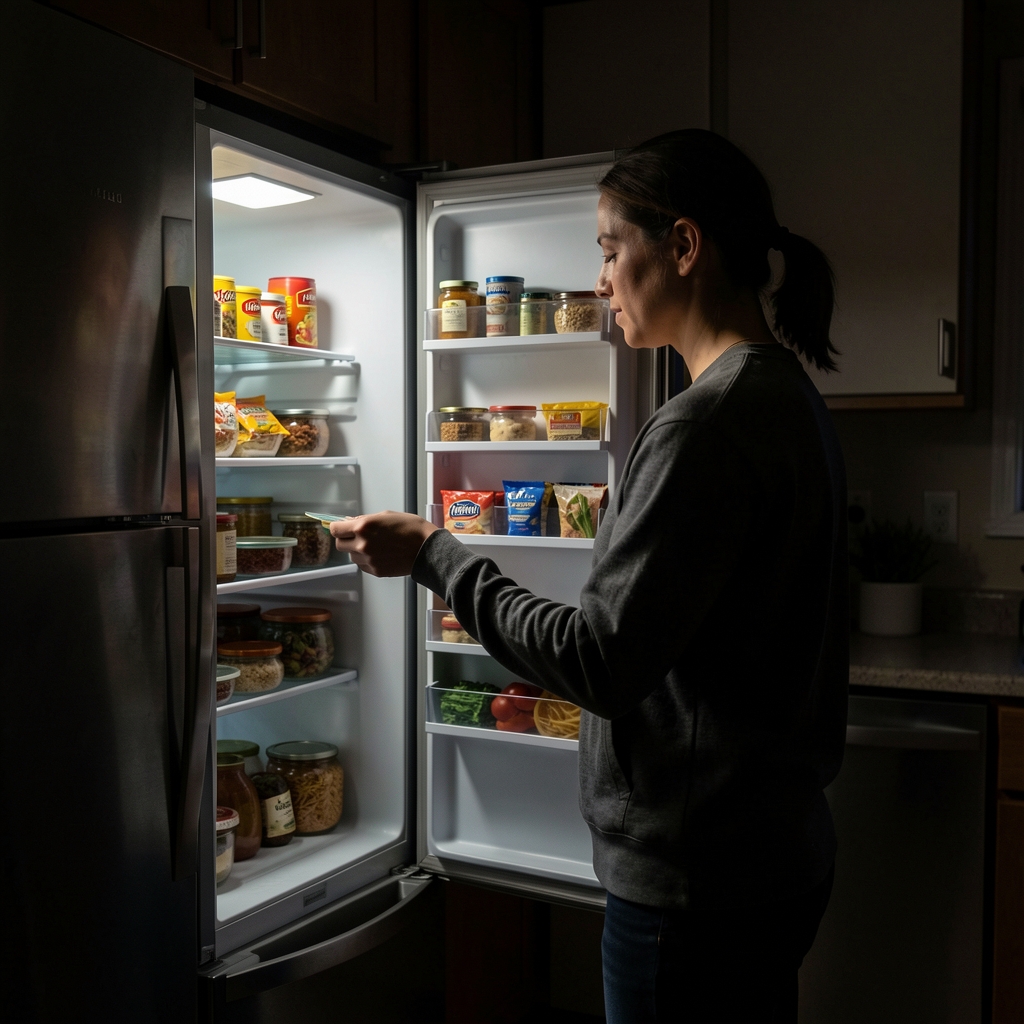 Person standing at an open refrigerator late at night, selecting food from the shelves, kitchen in dark with only fridge light visible