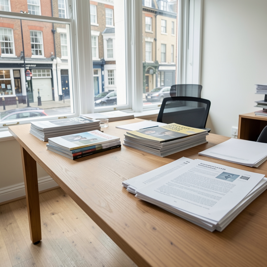 Long wooden table in a bright editorial office with stacked magazines, printed research papers, and a window overlooking a quiet London street
