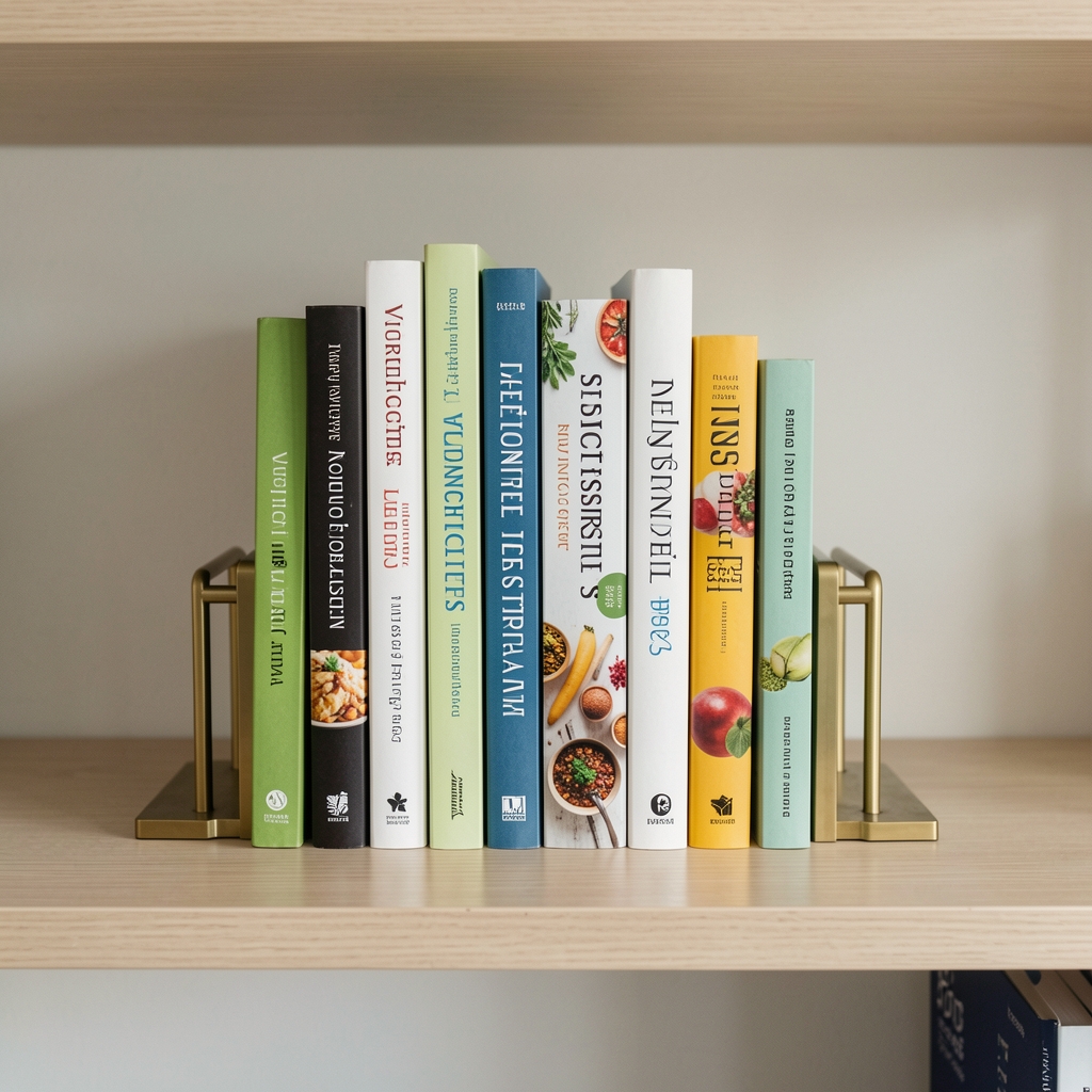 Bookshelf in a minimalist office with books on nutrition, food culture, and wellness journalism standing upright between brass bookends